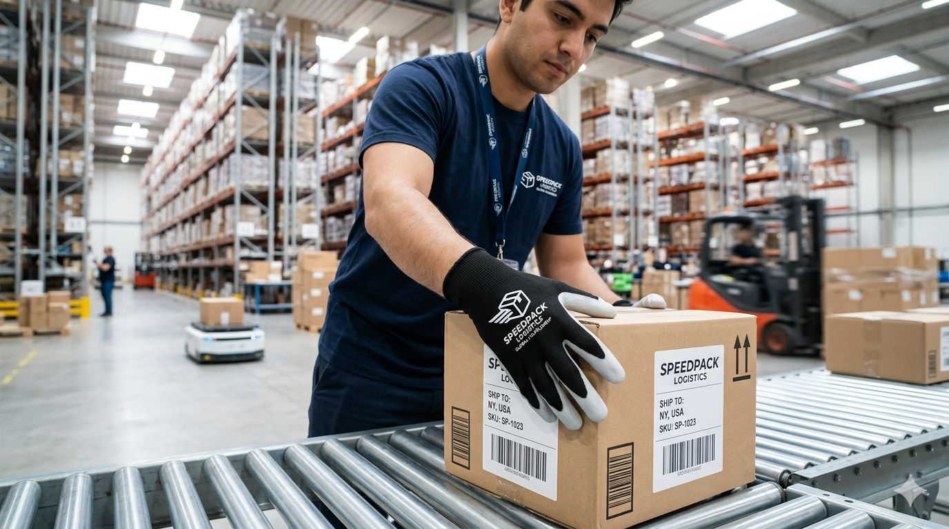 Speedpack Logistics worker using personalized nitrile coated gloves for grip and dexterity on a warehouse conveyor.